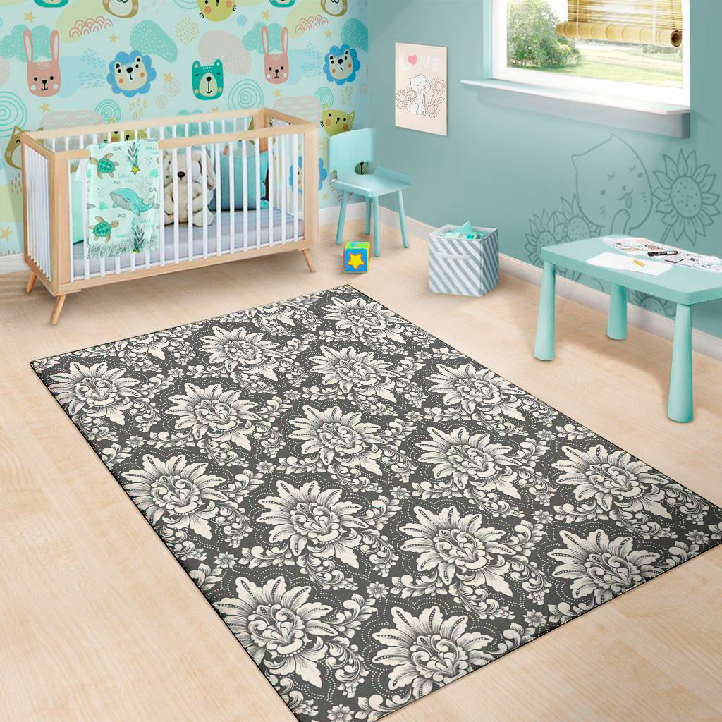 Grey Damask Pattern Print Area Rug