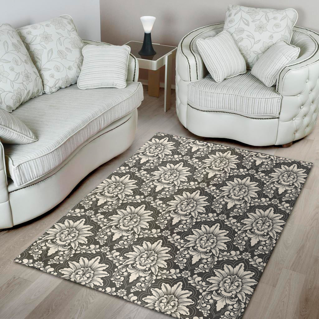 Grey Damask Pattern Print Area Rug