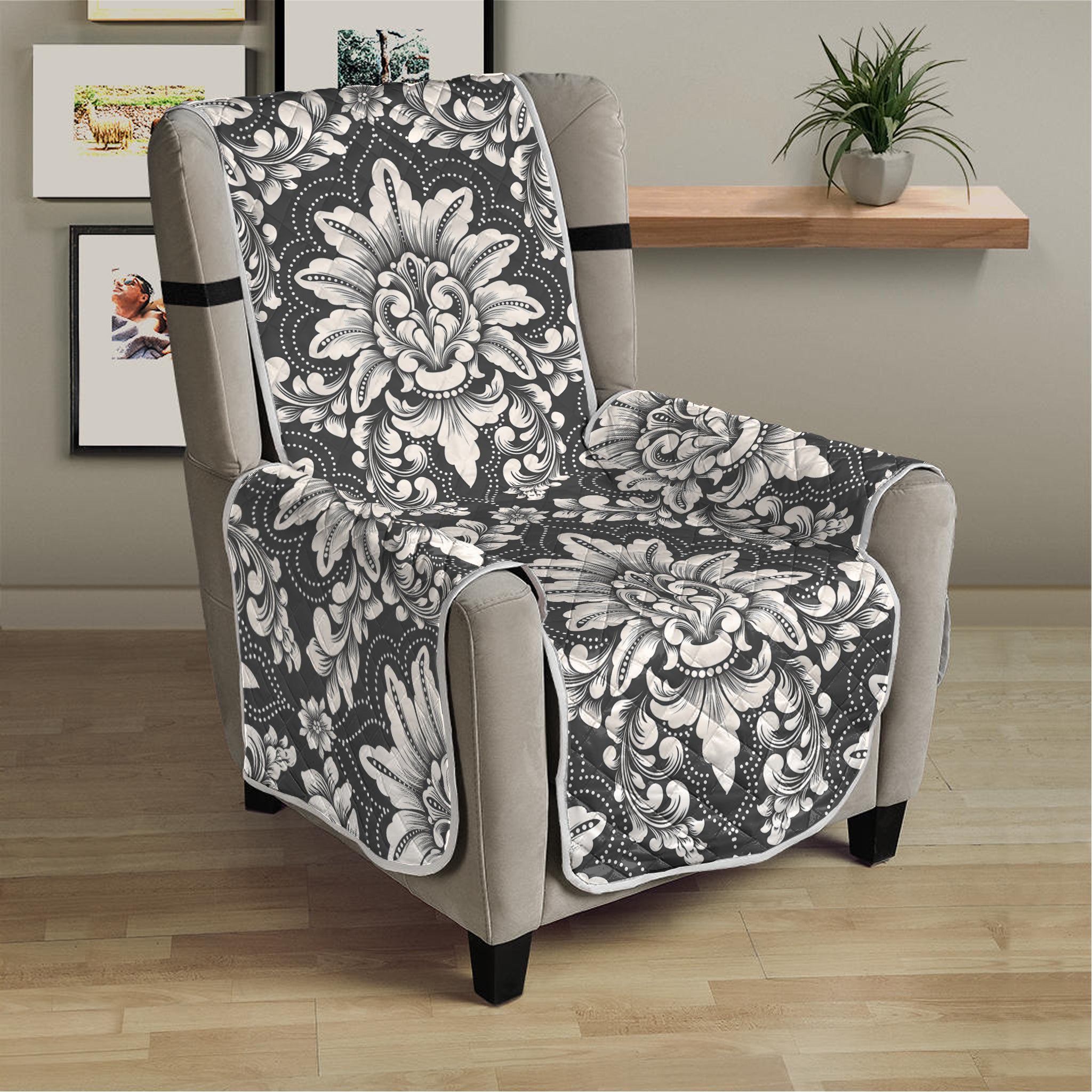 Grey Damask Pattern Print Armchair Protector