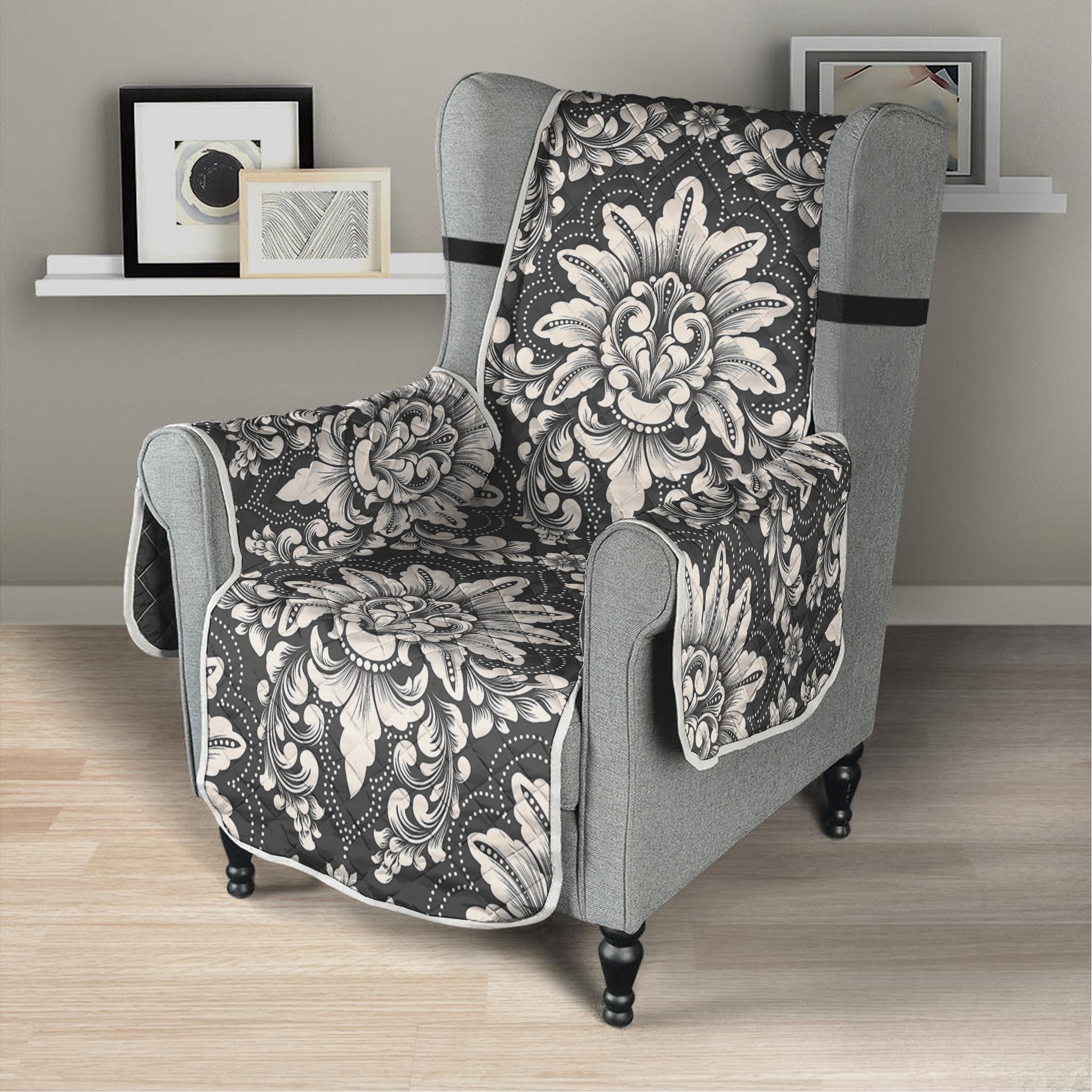 Grey Damask Pattern Print Armchair Protector