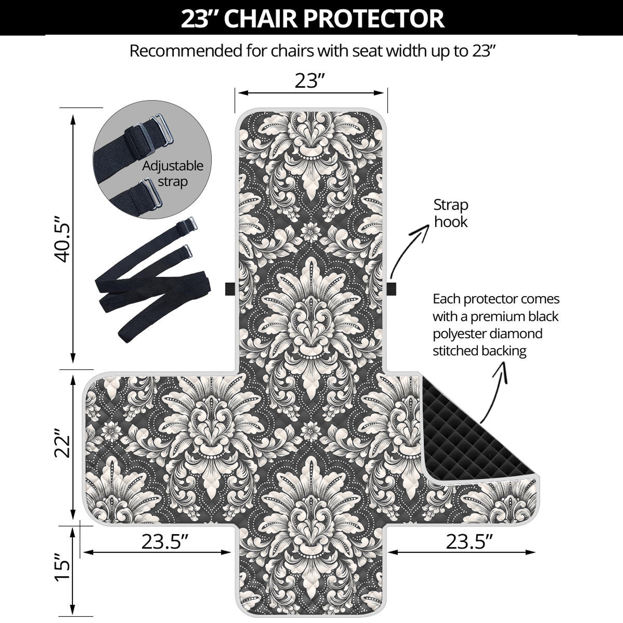 Grey Damask Pattern Print Armchair Protector