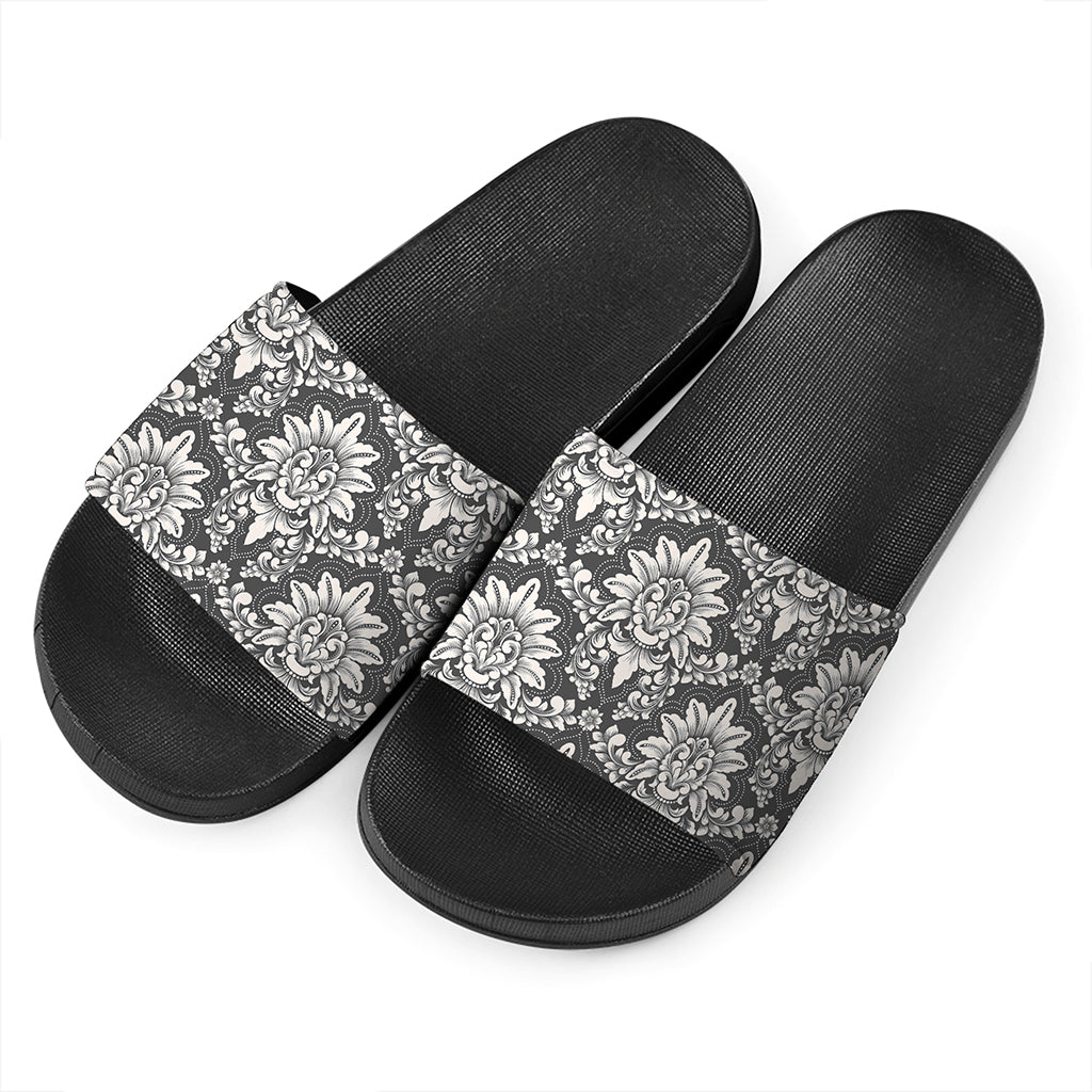 Grey Damask Pattern Print Black Slide Sandals