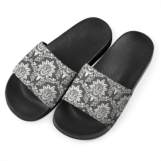 Grey Damask Pattern Print Black Slide Sandals