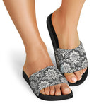 Grey Damask Pattern Print Black Slide Sandals