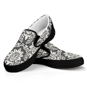 Grey Damask Pattern Print Black Slip On Shoes