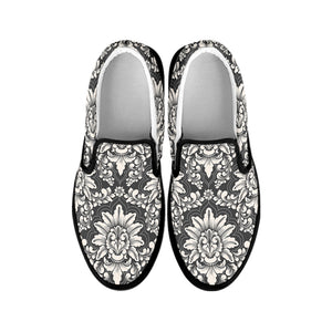 Grey Damask Pattern Print Black Slip On Shoes