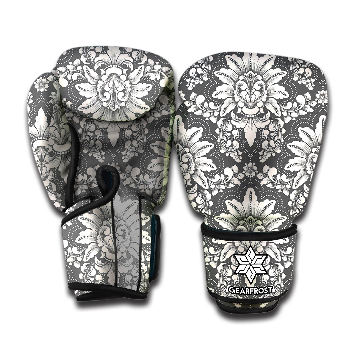 Grey Damask Pattern Print Boxing Gloves