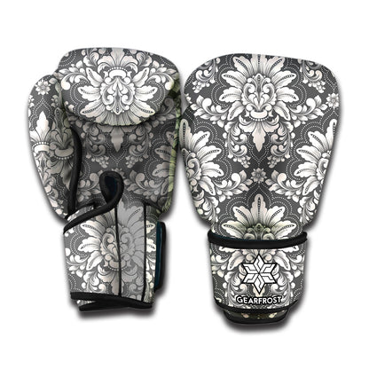 Grey Damask Pattern Print Boxing Gloves