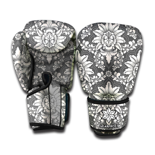 Grey Damask Pattern Print Boxing Gloves
