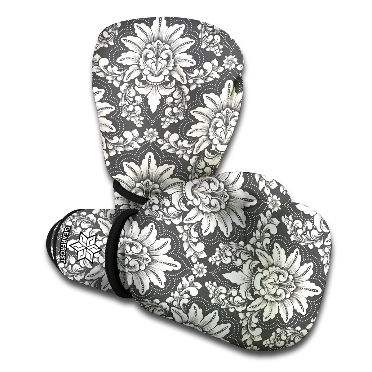 Grey Damask Pattern Print Boxing Gloves