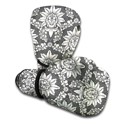 Grey Damask Pattern Print Boxing Gloves