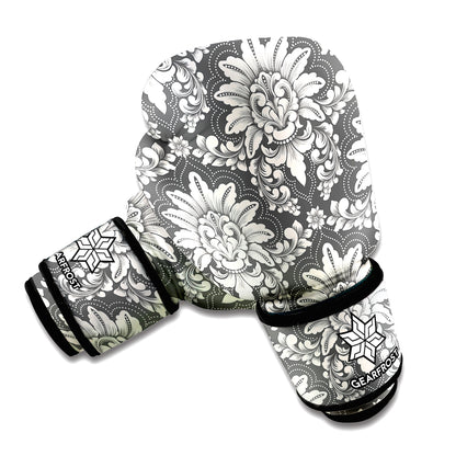 Grey Damask Pattern Print Boxing Gloves