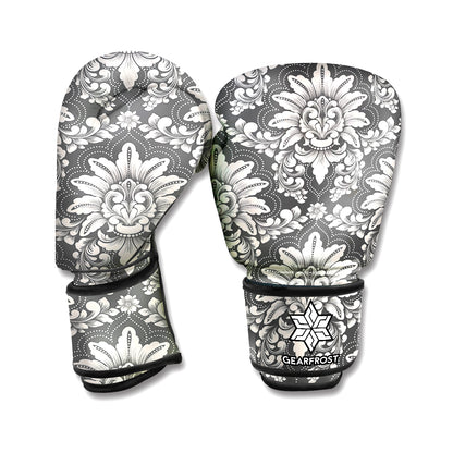 Grey Damask Pattern Print Boxing Gloves