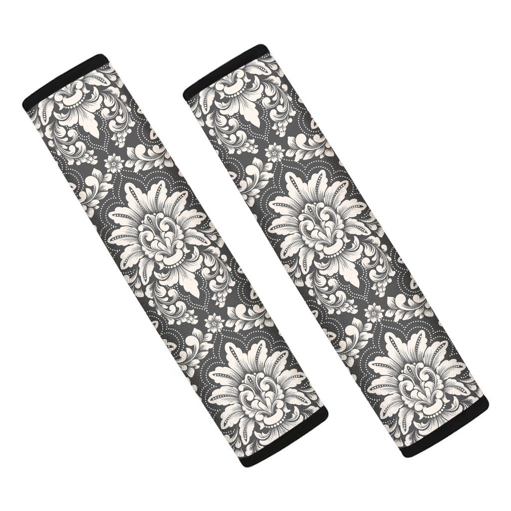 Grey Damask Pattern Print Car Seat Belt Covers