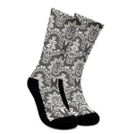 Grey Damask Pattern Print Crew Socks