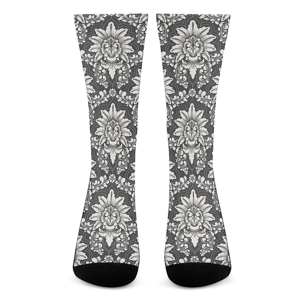 Grey Damask Pattern Print Crew Socks