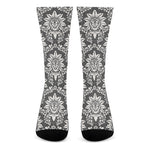 Grey Damask Pattern Print Crew Socks