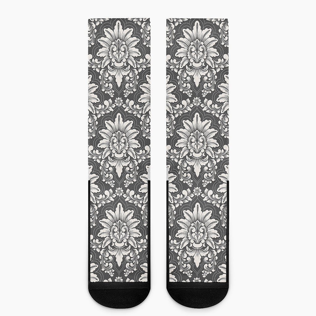 Grey Damask Pattern Print Crew Socks