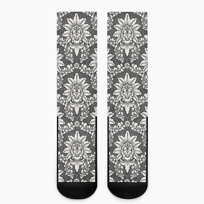 Grey Damask Pattern Print Crew Socks
