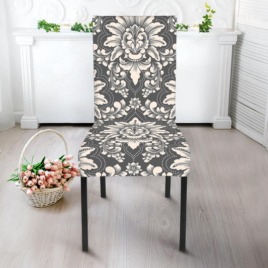 Grey Damask Pattern Print Dining Chair Slipcover