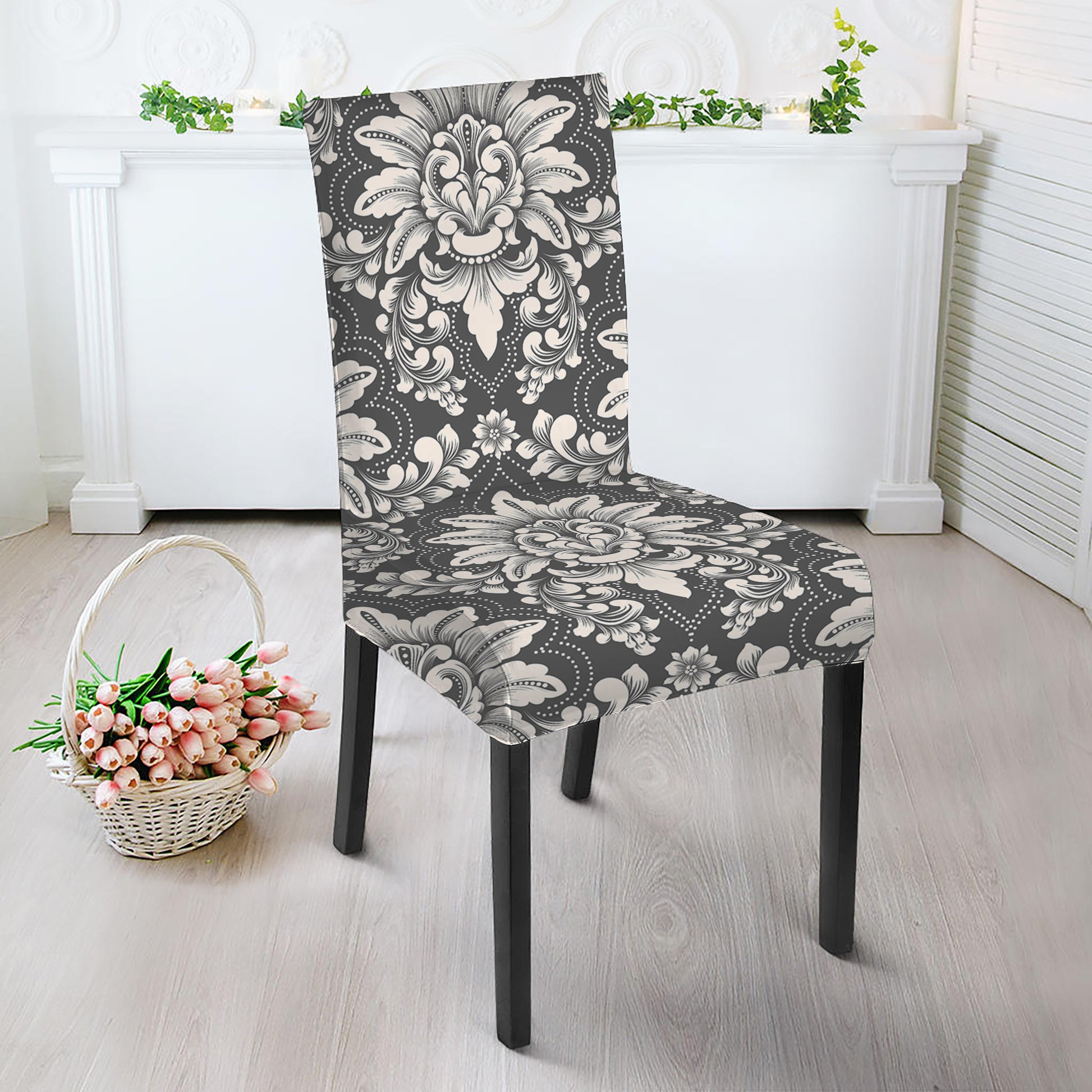 Grey Damask Pattern Print Dining Chair Slipcover