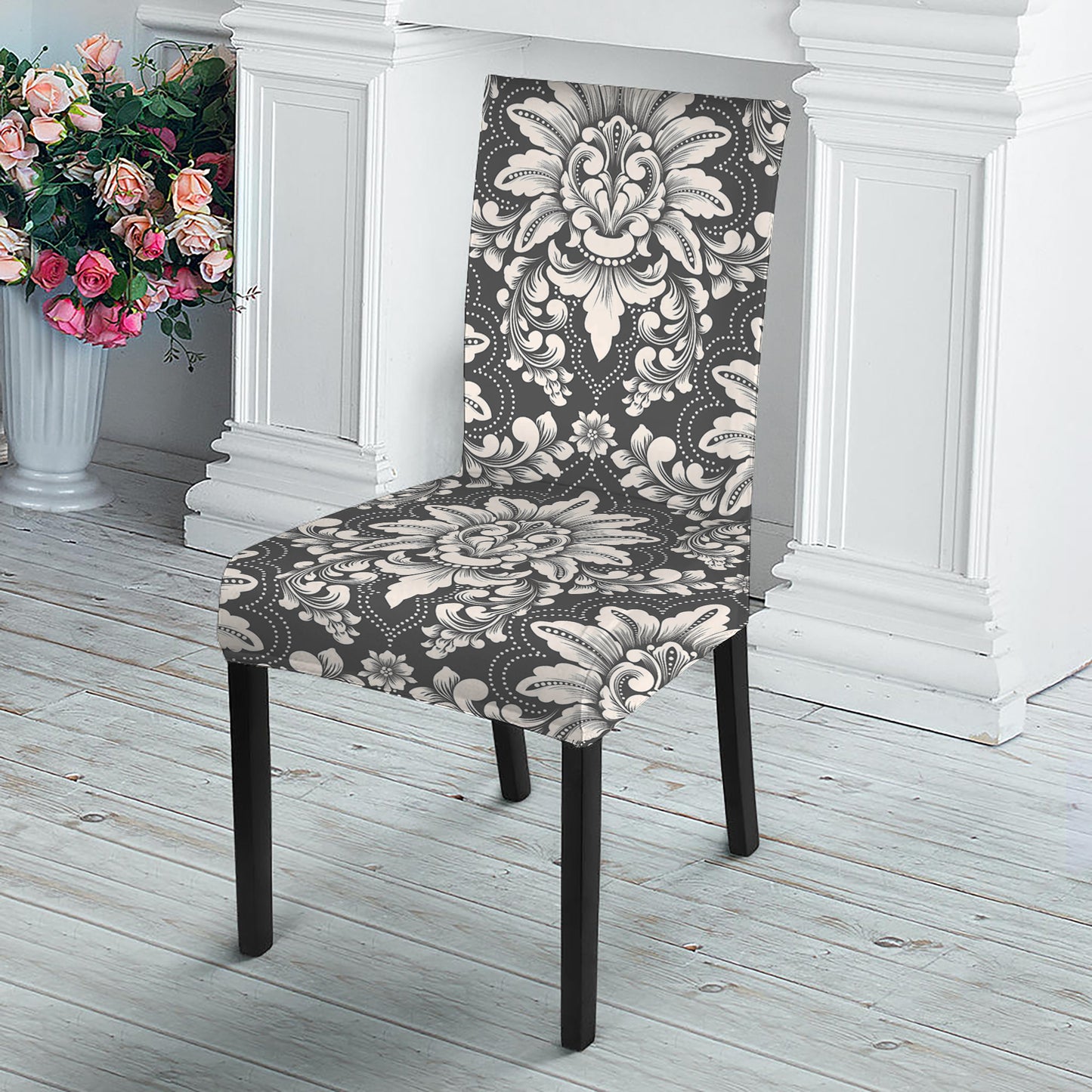 Grey Damask Pattern Print Dining Chair Slipcover