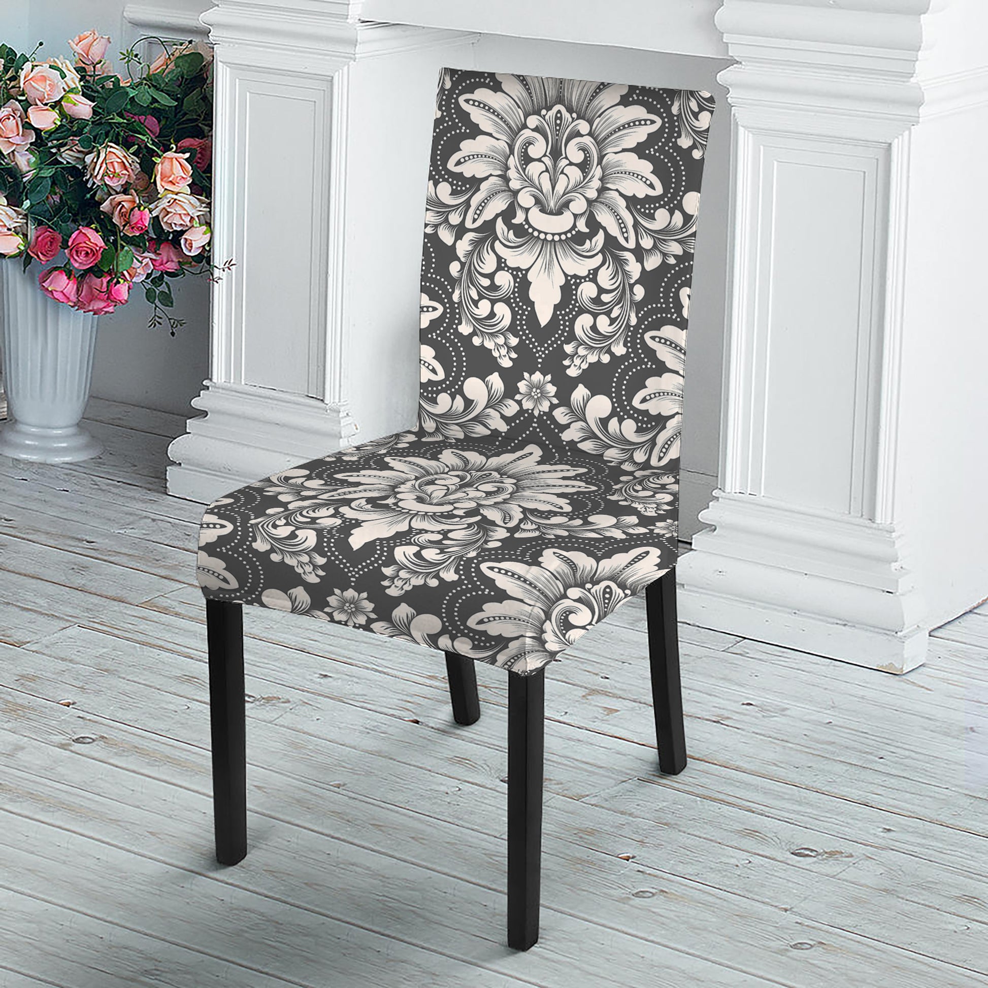 Grey Damask Pattern Print Dining Chair Slipcover