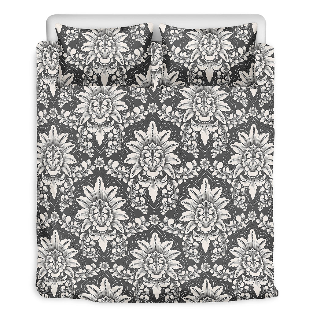 Grey Damask Pattern Print Duvet Cover Bedding Set