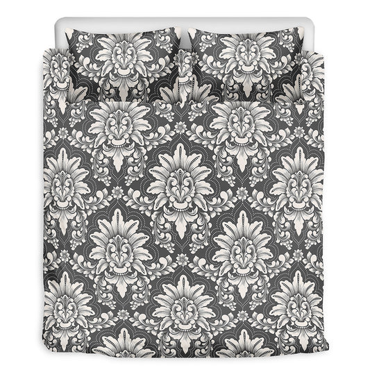 Grey Damask Pattern Print Duvet Cover Bedding Set