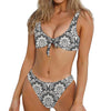 Grey Damask Pattern Print Front Bow Tie Bikini