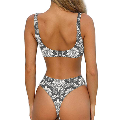 Grey Damask Pattern Print Front Bow Tie Bikini