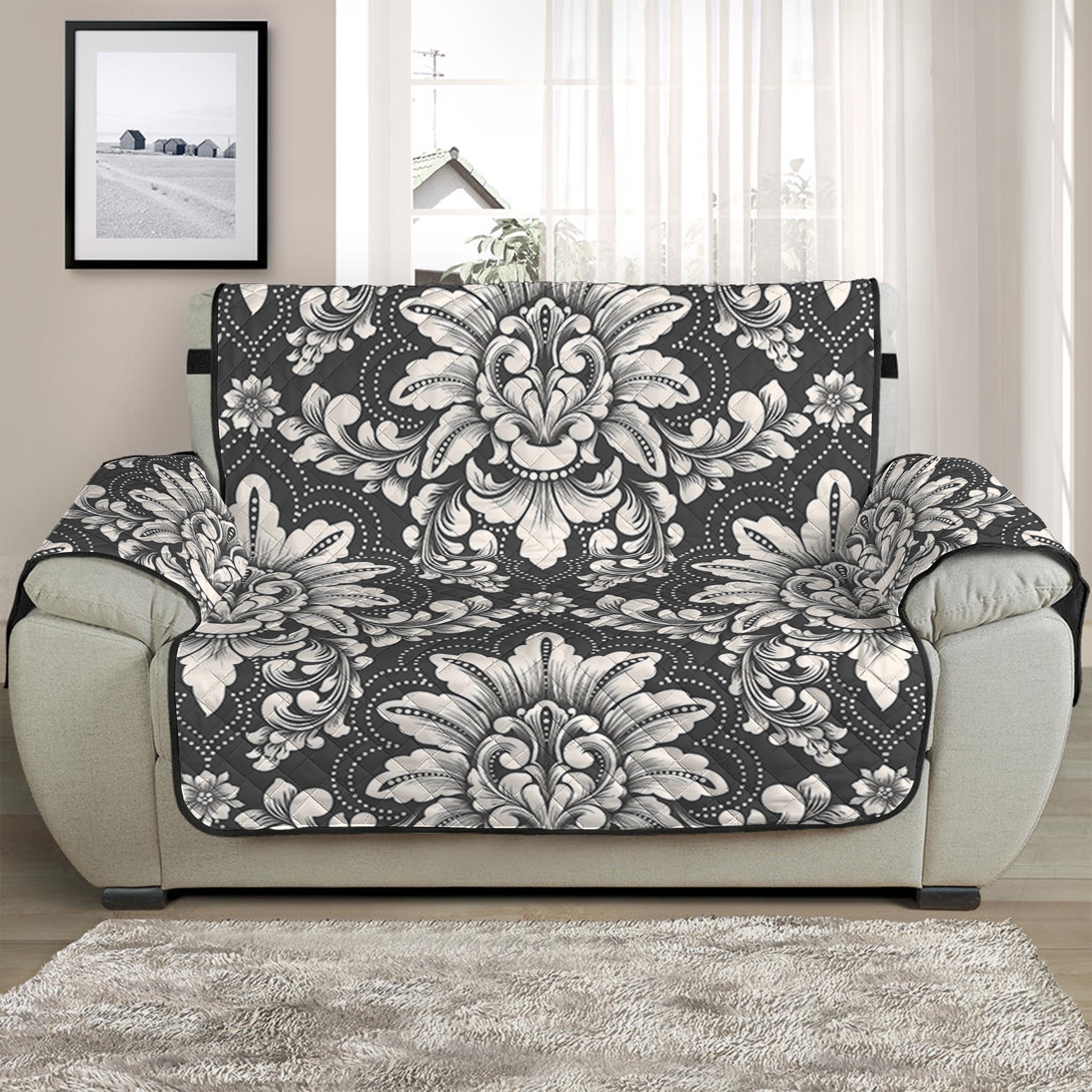 Grey Damask Pattern Print Half Sofa Protector