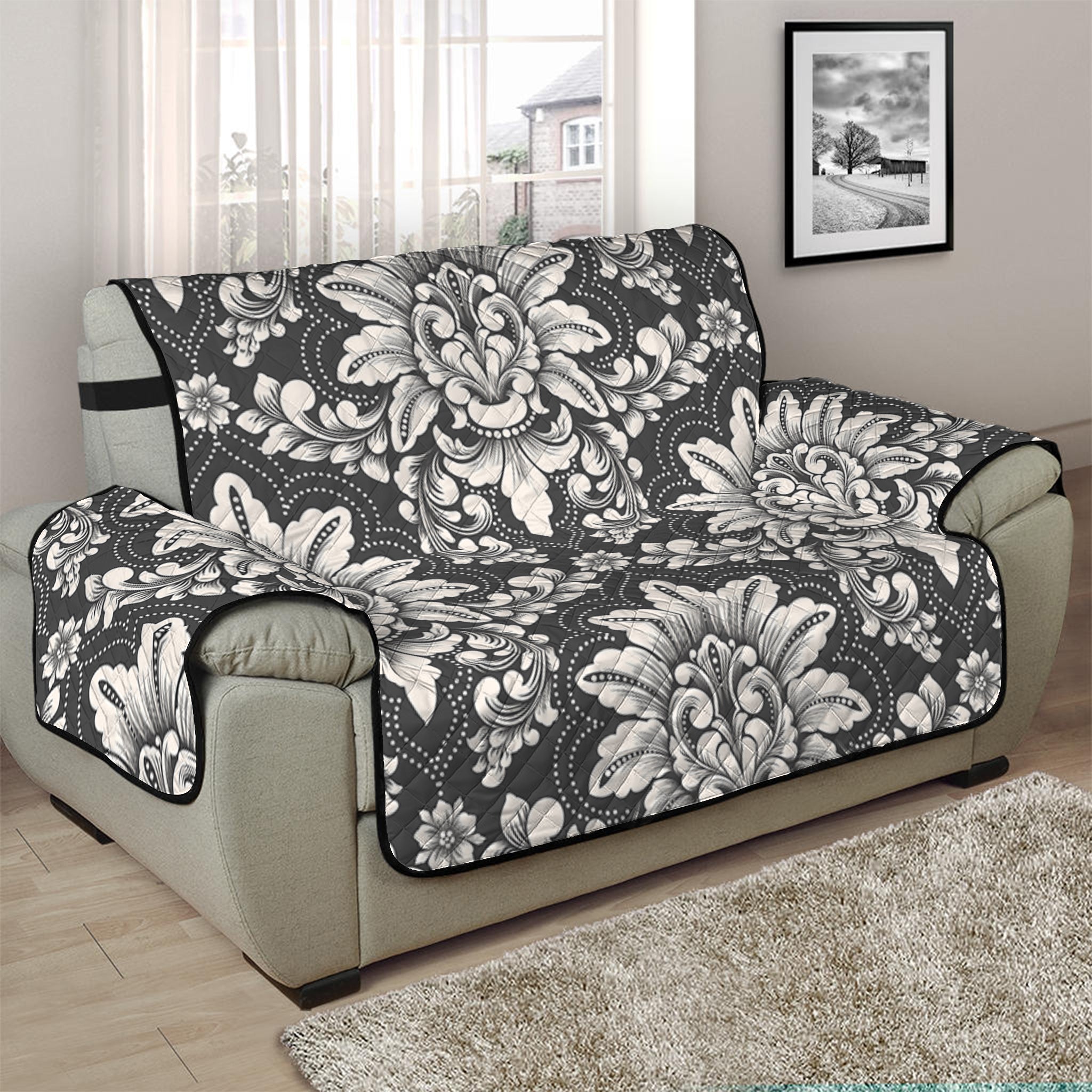 Grey Damask Pattern Print Half Sofa Protector