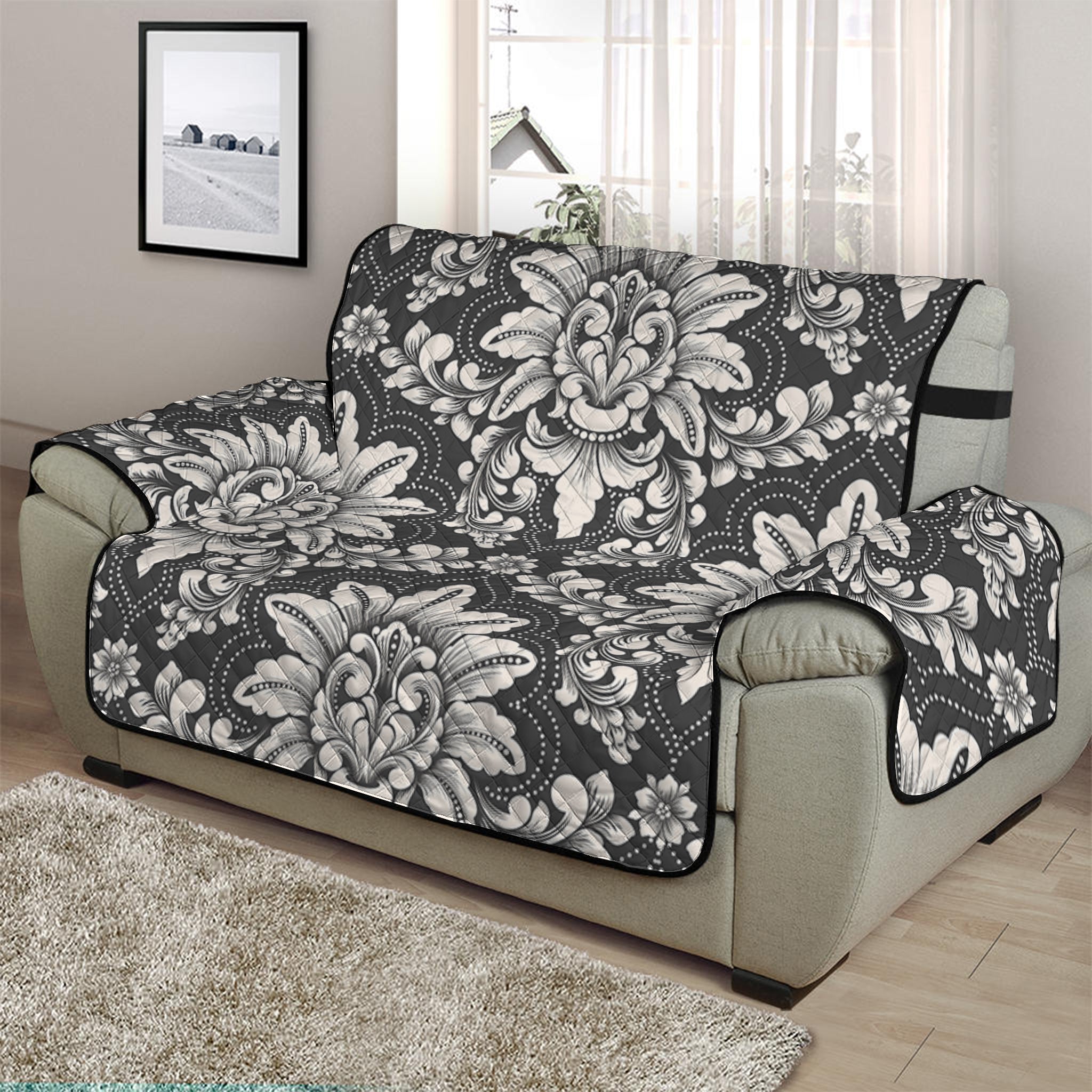 Grey Damask Pattern Print Half Sofa Protector