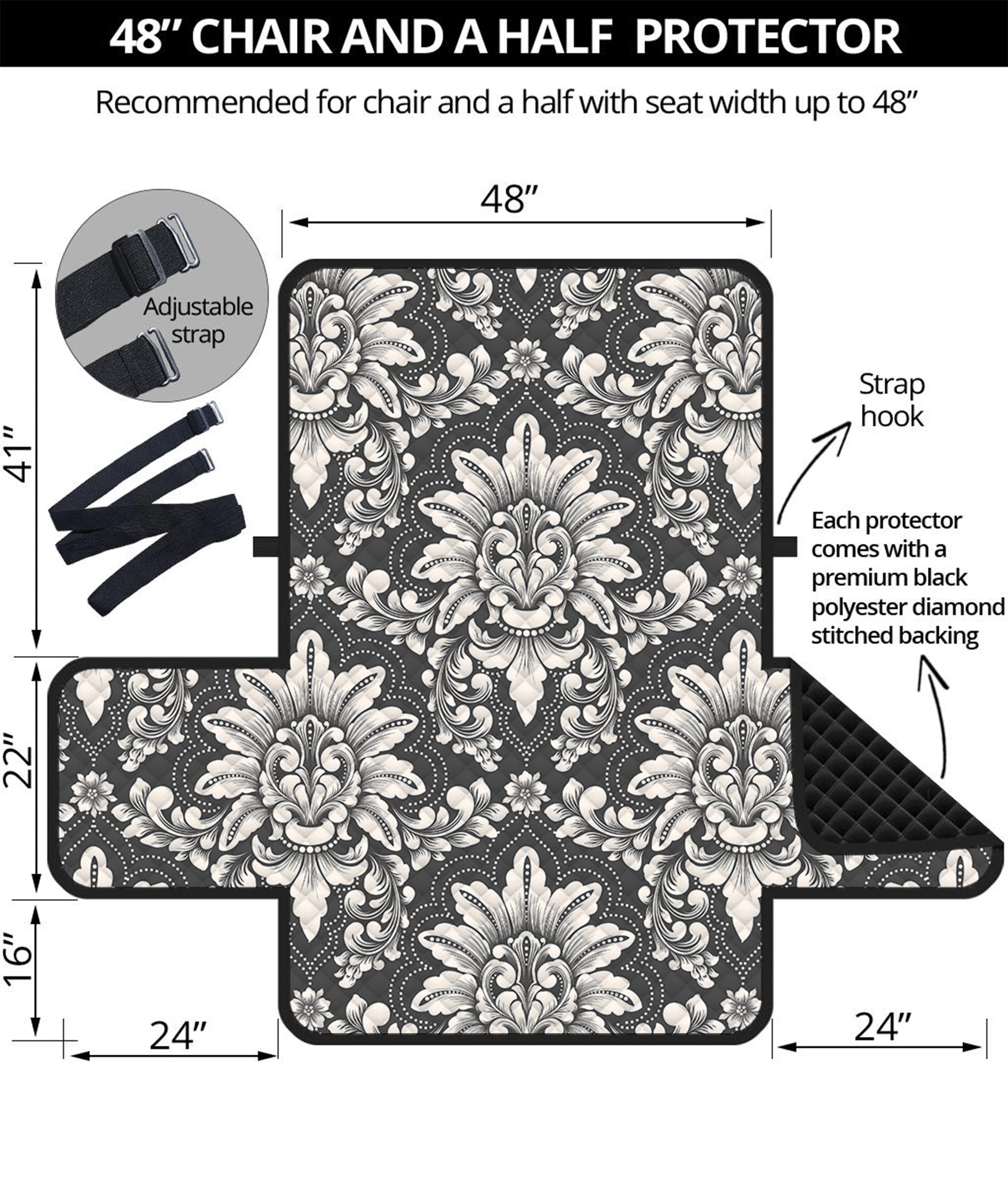 Grey Damask Pattern Print Half Sofa Protector