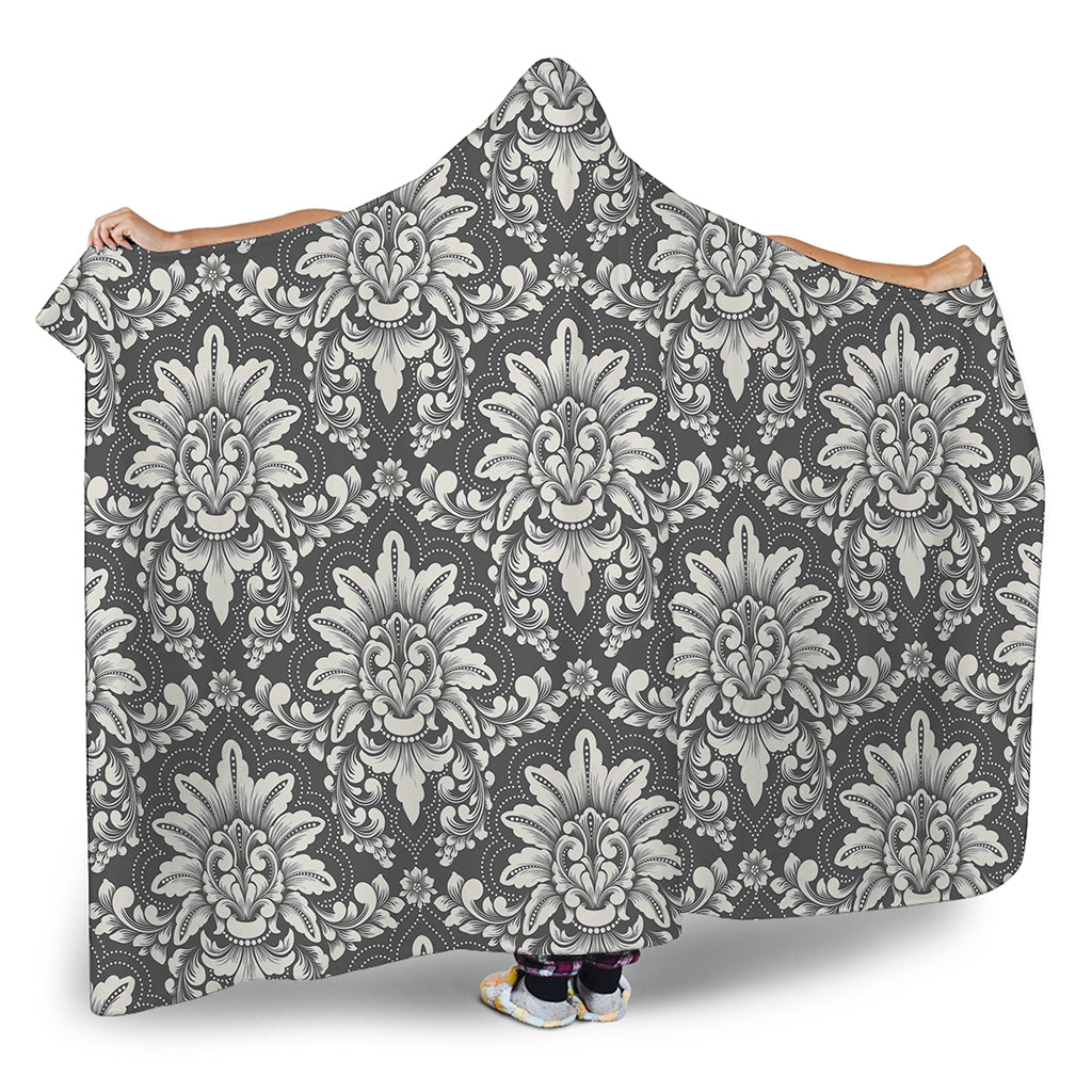 Grey Damask Pattern Print Hooded Blanket