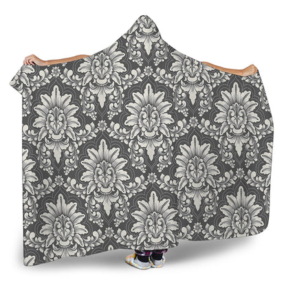 Grey Damask Pattern Print Hooded Blanket