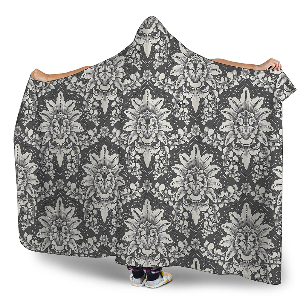 Grey Damask Pattern Print Hooded Blanket
