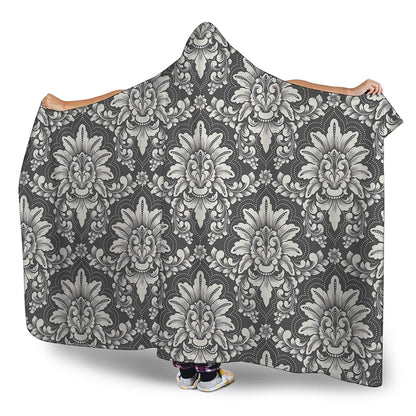 Grey Damask Pattern Print Hooded Blanket