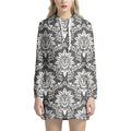Grey Damask Pattern Print Pullover Hoodie Dress