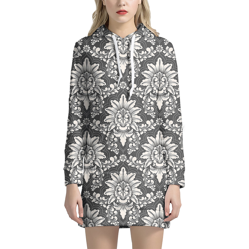 Grey Damask Pattern Print Hoodie Dress