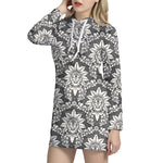 Grey Damask Pattern Print Hoodie Dress