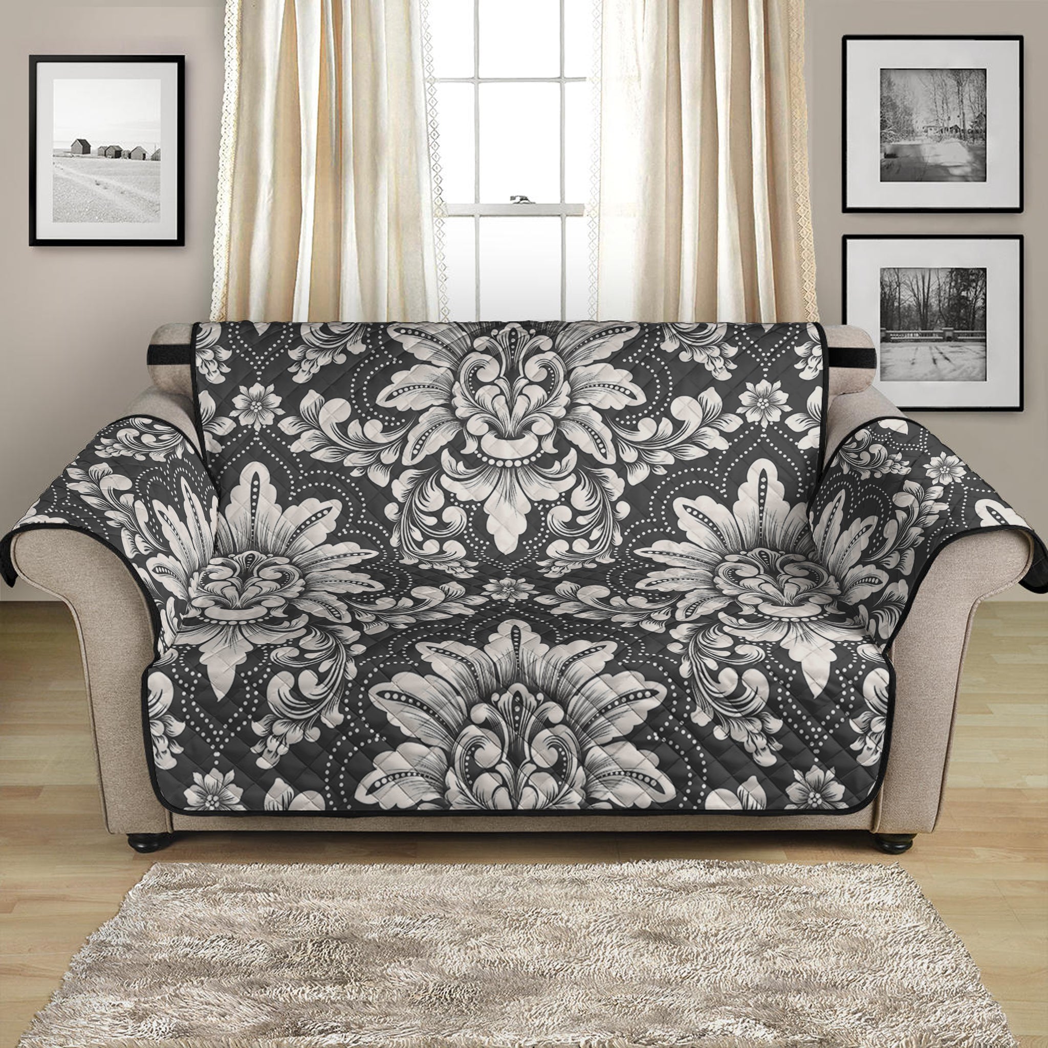 Grey Damask Pattern Print Loveseat Protector