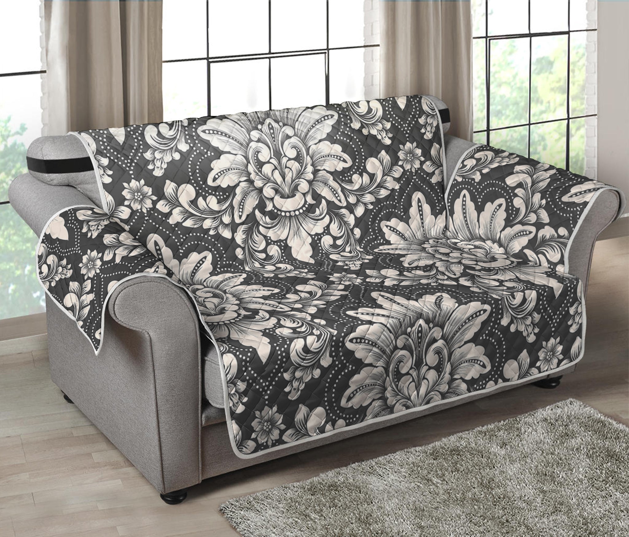 Grey Damask Pattern Print Loveseat Protector