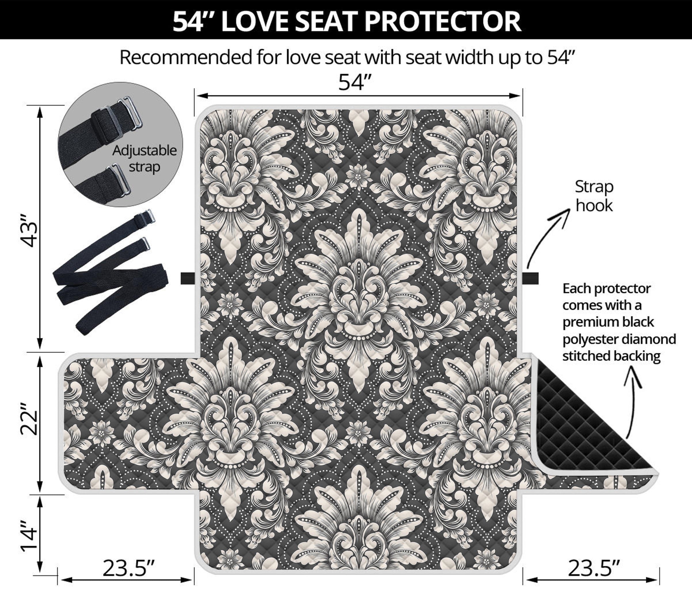 Grey Damask Pattern Print Loveseat Protector