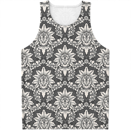 Grey Damask Pattern Print Men's Tank Top