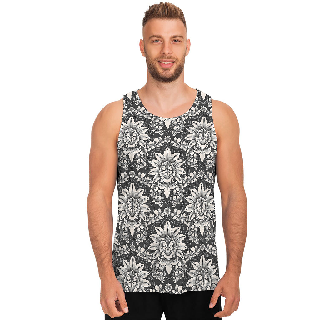 Grey Damask Pattern Print Men's Tank Top