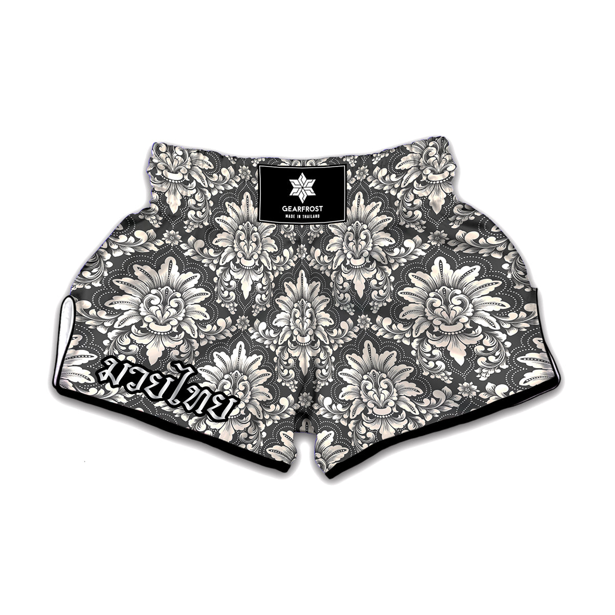 Grey Damask Pattern Print Muay Thai Boxing Shorts