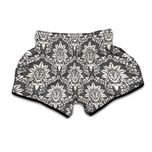 Grey Damask Pattern Print Muay Thai Boxing Shorts