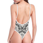 Grey Damask Pattern Print One Piece High Cut Swimsuit